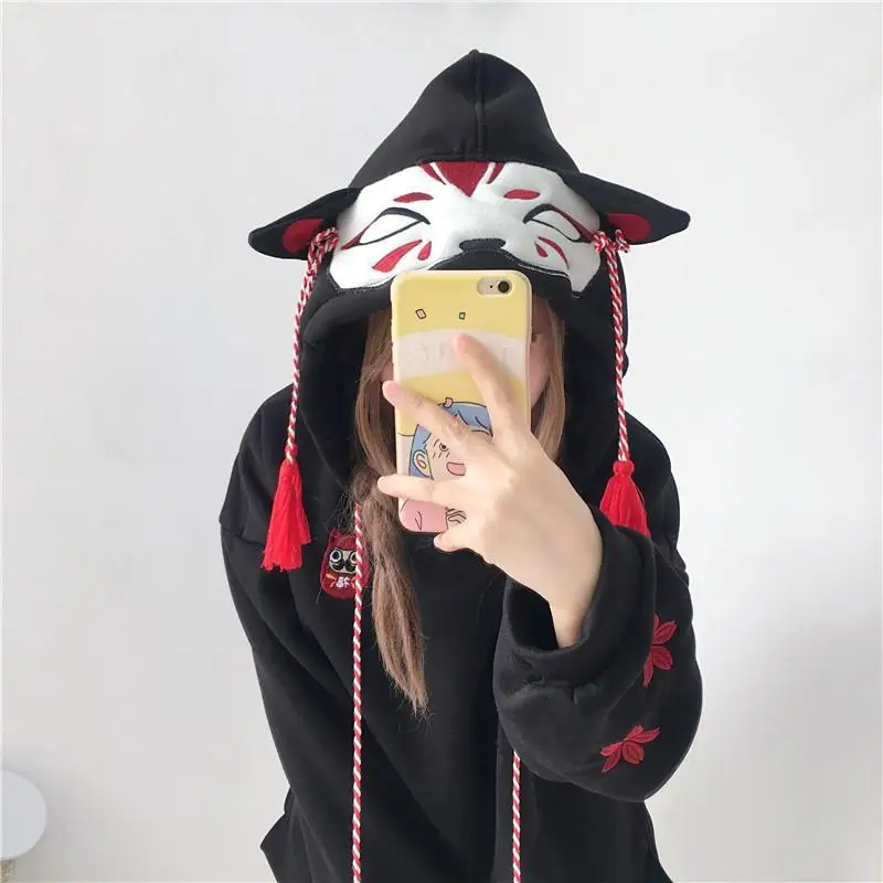 Lindo japonés de la calle de moda de las mujeres sudaderas con capucha Harajuku Kawaii oreja de zorro Sudadera con capucha Sakura bordado de terciopelo Tops Jersey