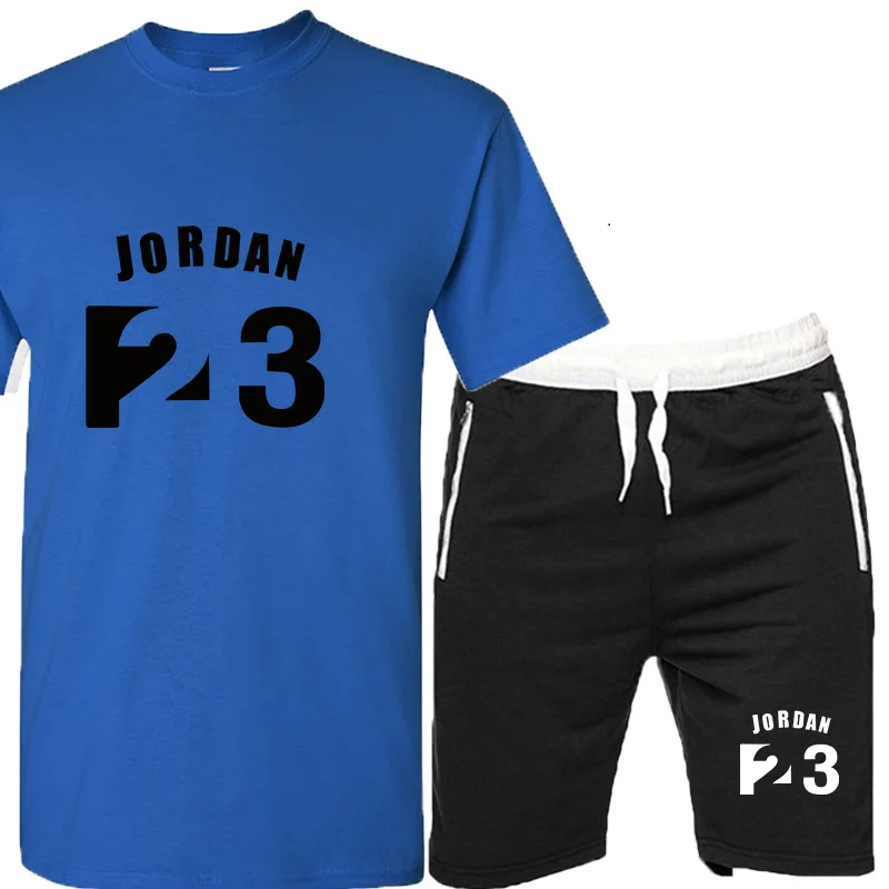 JORDAN 23 спортивный костюм с принтом футболка+ шорты модные тенденции в фитнесе хлопковые брендовые футболки для мужчин одежда для бодибилдинга M-XXL - Цвет: Blue-H-HeiK