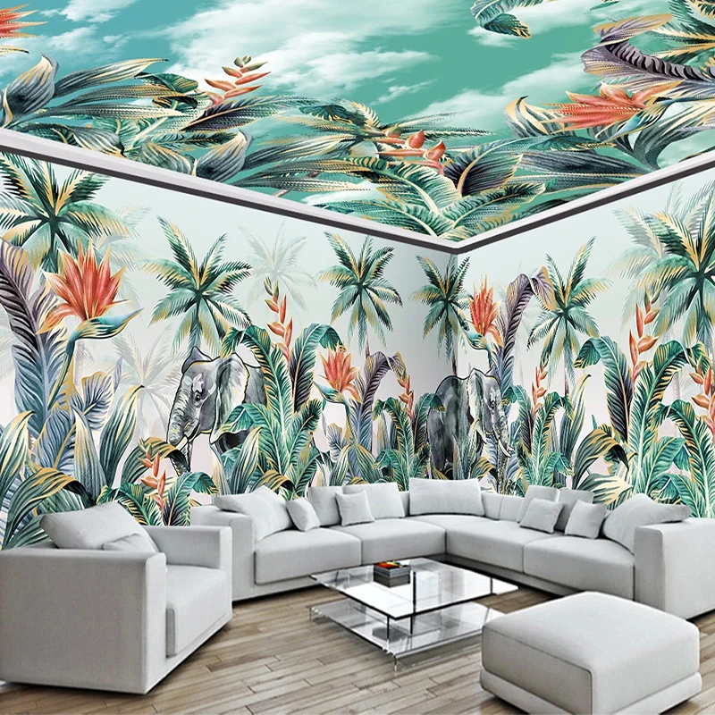 

Custom Mural Tropical Plant Forest Animal Elephant Coconut Tree Whole House Background Wall Painting Living Room Decor Wallpaper