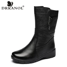 DRKANOL/; модные зимние сапоги до середины голени из натуральной кожи на танкетке; теплые плюшевые женские зимние сапоги; Женская водонепроницаемая хлопковая обувь