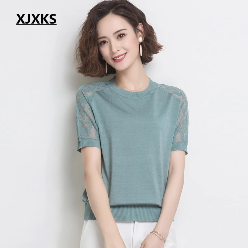 

XJXKS T Shirt Women Harajuku Solid Farm T-shirt Lace Sleeve Soft Tee In Girls Ladies Clothing Elastic Women T Shirt