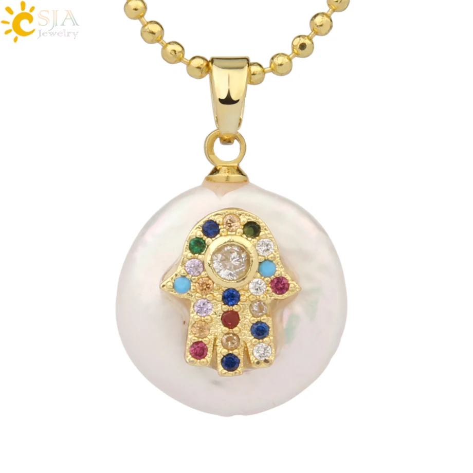 Necklace-B CSJA монета пресноводный жемчуг подвески маленький размер сглаза Хамса Фатима рука Циркон золотого цвета ожерелье чокер для женщин девочек G205 - Окраска металла: Necklace-B