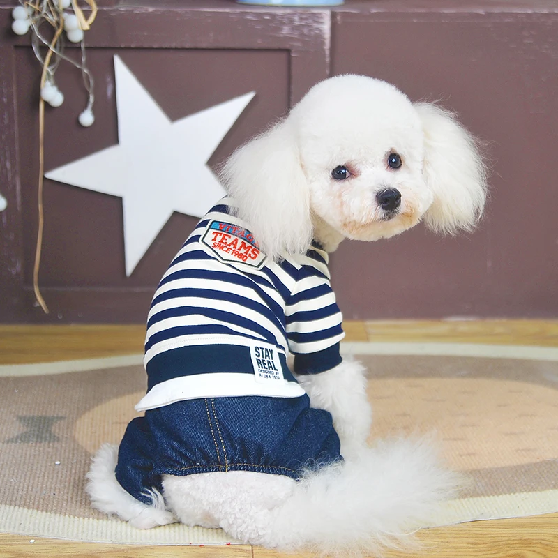 

Pet Dog Clothing Stripe and Cowboy Split Joint Pure Cotton Puppy Clothes For Autumn and Winter Jumpsuit Outfit Chihuahua Apparel
