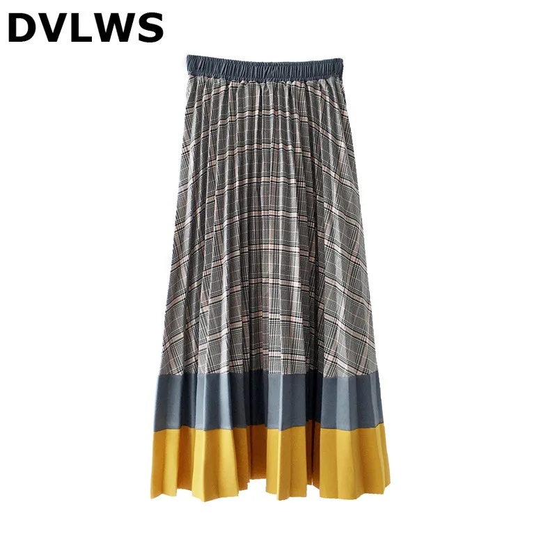 

Contract Color Patchwork Retro Pleated Skirt Women High Waist Winter Long Plaid Skirt Cotton Faldas Mujer Moda 2019 3 Color Gift