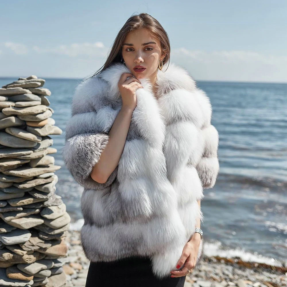 Women Natural Cross Fox Fur Jacket with Turn-down Collar Thick Warm Woman Fur Overcoats Winter Fashion Genuine Fur Overcoat 2022