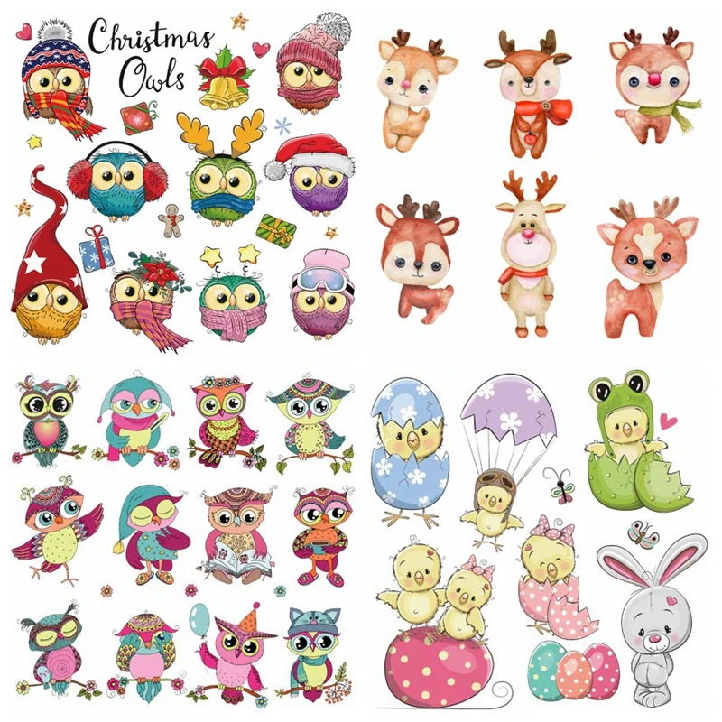 $0.32 Iron-On Transfers Owl Cartoon Heat Transfers PVC Patch For Clothes Thermal Transfer Hot Vinyl Iron Stickers Apparel Accessory