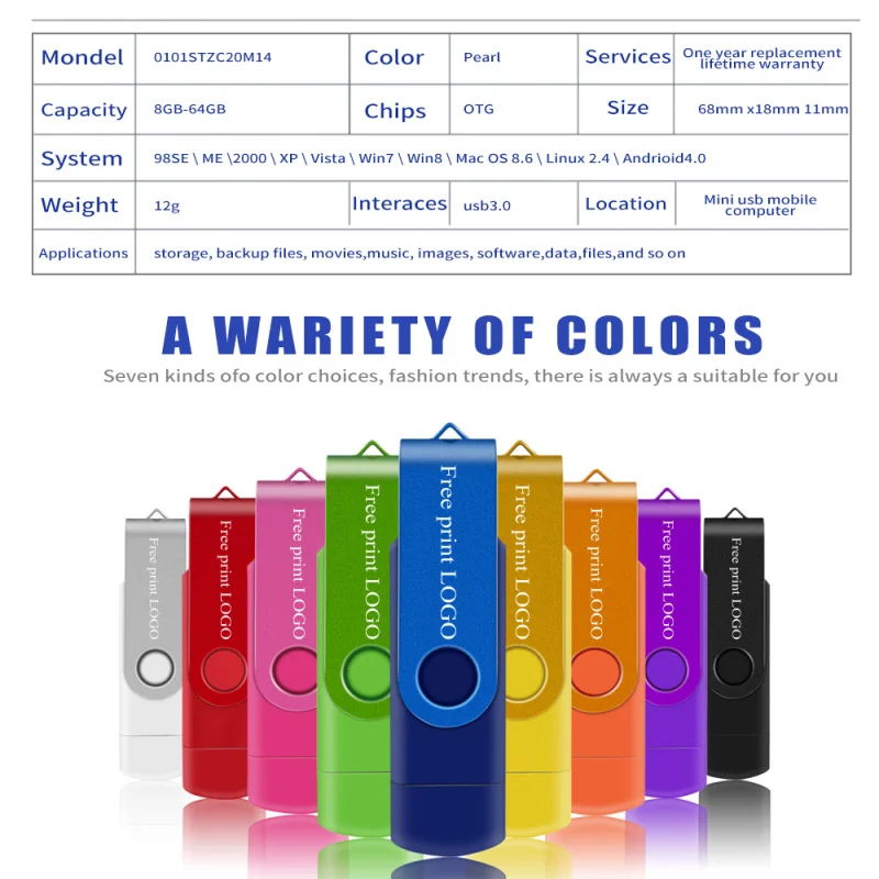 Флеш-накопитель 128 ГБ, карта памяти 64 ГБ, 8 ГБ, 4 Гб, металлическая OTG Флешка 16 ГБ, металлическая Usb флешка 32 ГБ, двойное приложение, бесплатный логотип на заказ
