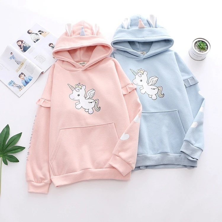 Merry Pretty женские толстовки с капюшоном и принтом единорога из мультфильма с ушками на капюшоне зимние Лоскутные пуловеры с капюшоном и оборками