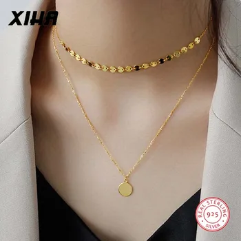 

Boho Multi Layered Round Disc Coin Necklace Jewelry for Women Gold Color 925 Sterling Silver Girls Teens Dainty Choker Necklaces