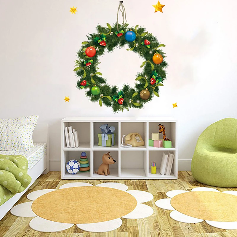2019 1pcs 30*45cm Christmas wreath Wall Stickers Window Glass Decals Santa Murals New Year Gift Christmas Decorations