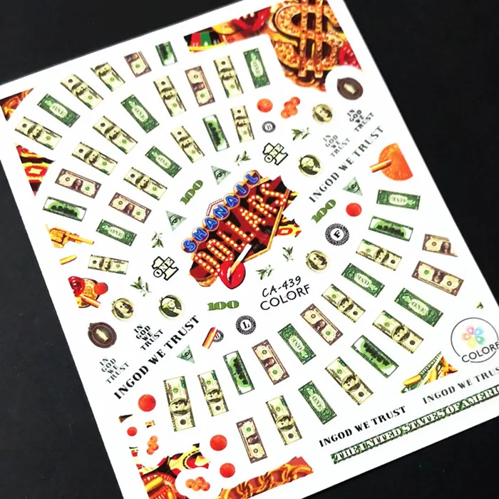 

Newest CA439 US dollar design nail art sticker decal stamping back gule DIY decoration for nail art