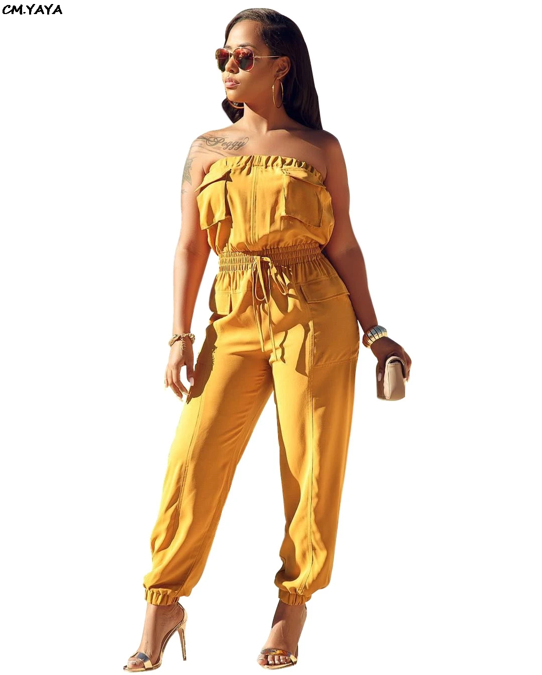 

2019 women summer beach strapless pocket jumpsuit high waist elastic lantern long playsuit safari rompe outfit 3 color A3072