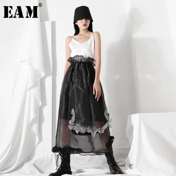 

[EAM] High Elastic Waist Black Organza Ruffles Split Joint Half-body Skirt Women Fashion Tide New Spring Autumn 2020 1Y408