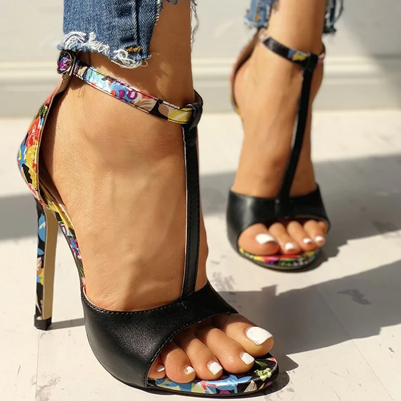 SWQZVT New thin heels women fish mouth open toe summer sexy party pumps women shoes 2020 fashion print vintage ladies sandals (8)
