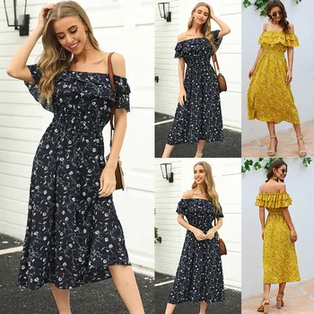 

2020 New European and American Women 's Floral Chiffon Dress Sexy off-Shoulder Ruffled Waist Hugging Medium-Length Dress