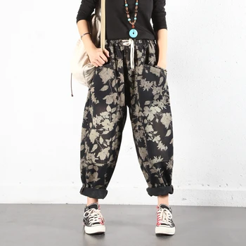

Loose Printed Flower jeans Women wide leg denim pant Elastic Waist Cowboy Cross trousers Baggy Streetwear bohemian Joggers
