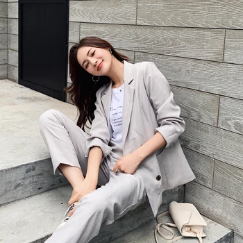 

2019 Autumn New Fashion Pant Suits 2 Piece Set for Women Double Breasted Wool Blazer Jacket & Trouser OL Suit Feminino WS174