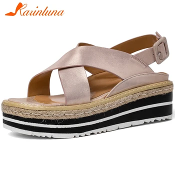 

Karinluna Fashion New Hot Genuine Leather Wedge Heels Buckle Strap Summer Sandals Woman Shoes Peep Toe Platform Shoes Women