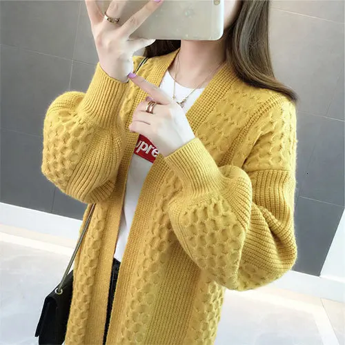 Yellow PEONFLY свободный длинный кардиган женский осень зима фонарь рукав женский свитер-Кардиган Повседневная желтая трикотажная куртка для женщин - Цвет: Yellow