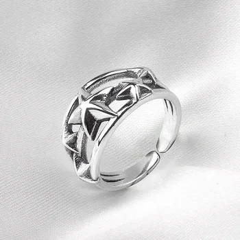 

Unique Big Pentagram Open Ring 100% 925 Sterling Silver Jewelry Layered Hollow Wide Ring Antique Star Individuality Women Ring