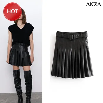 

VintageWoman SkirtsWomen Pu Mini Skirt with Belt Pleated Black Sexy A-line Miniskirt