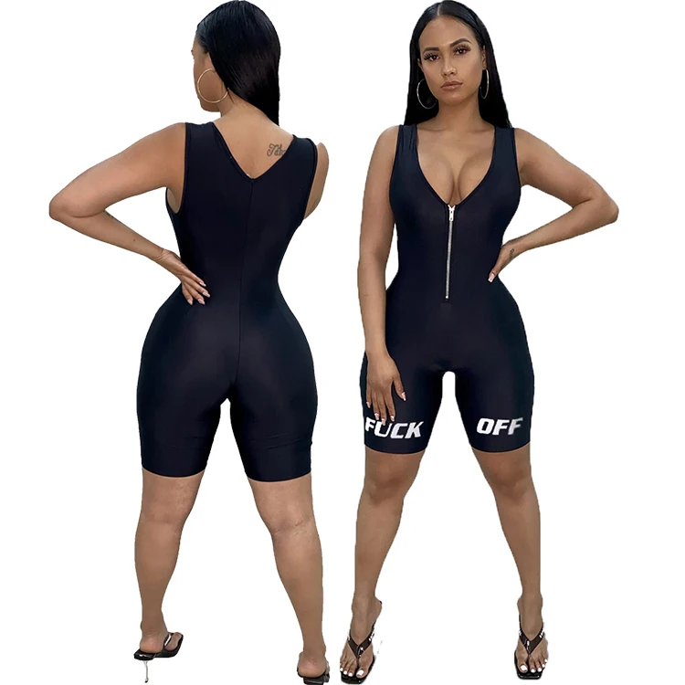 0420M104 Sexy Summer Sports Custom Bodycon Jogger Jumpsuits Zip Letter Solid Sleeveless Casual Short One Piece Romper For Woman