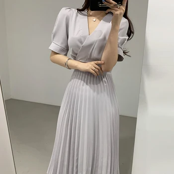 

YAMDI 2020 new elegant short sleeve dresses a-line summer midi dress women vintage korean party woman patchwork solid pleated ve