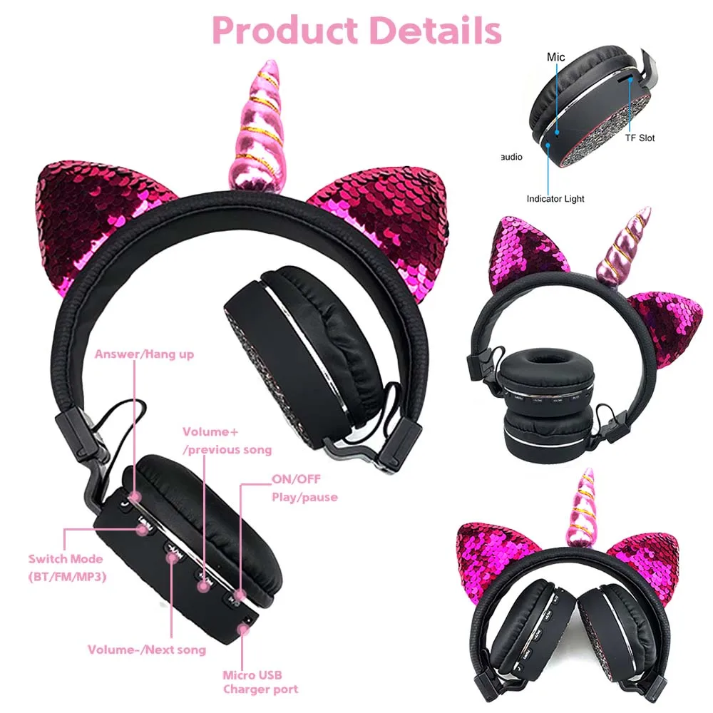 JINSETR Bluetooth Cat Ear Kids Headphone Foldable Stereo Unicorns Headphones Music Player Support Handsfree for Boys and Girls