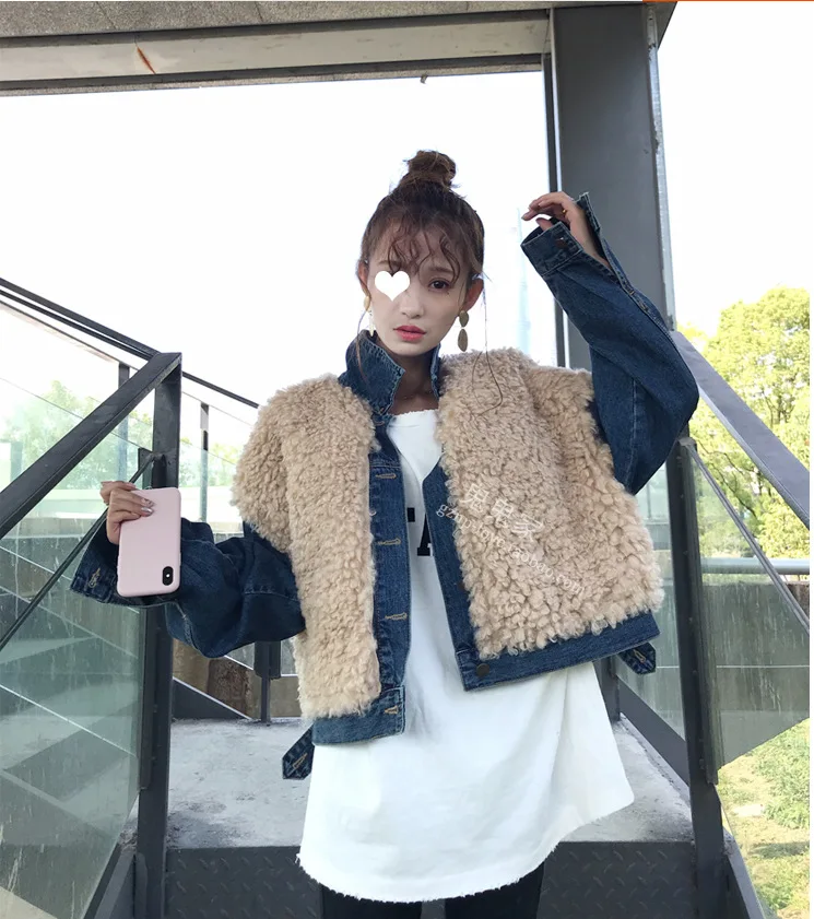 

2018 Autumn And Winter New Rabbit Fur Joint Coat Fold-down Collar Short Cowboy WOMEN'S Jacket Top Europe And America WOMEN'S Dre