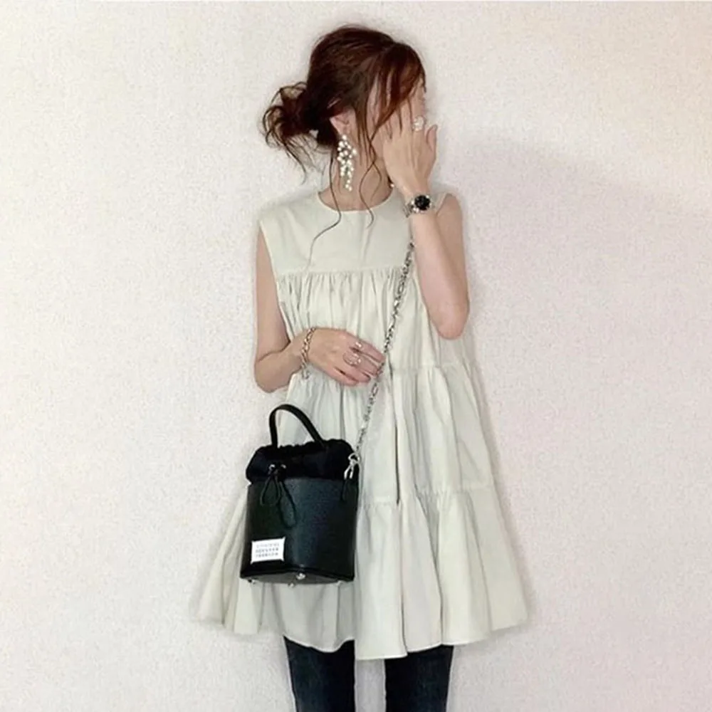 

Loose Women Blouse Tops 2020 Summer Sleeveless Round Neck Shirts Blouse Casual Korean Janpan Female Long Blouse
