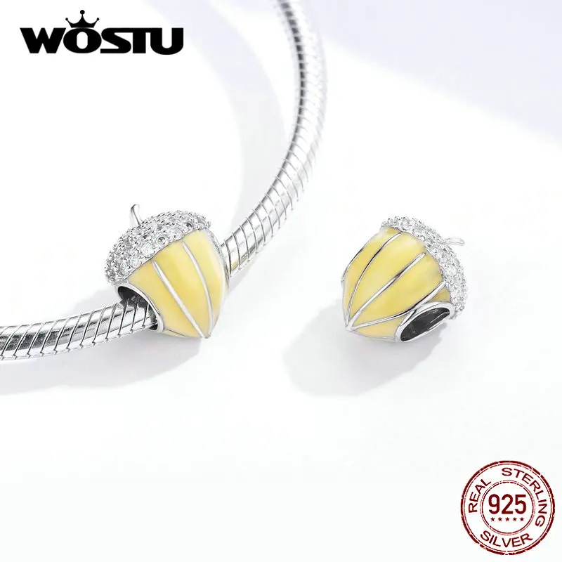 WOSTU, настоящее 925 пробы, серебряные бусинки шишки, желтые эмалированные подвески, подходят к оригинальному браслету, амулеты из серебра 925, ювелирные изделия BKC1319