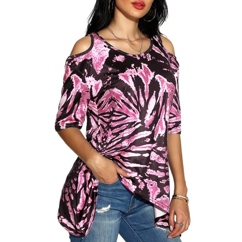 Drop Ship Women Summer Tie-dye Print Leakage Shoulder Tshirt Half Sleeve Loose Casual Shirts Top Womens Tees 2021 | Женская одежда