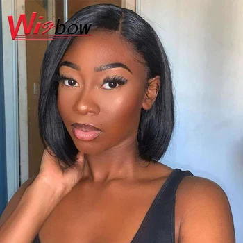 

Short Bob Wig Lace Human Hair Wigs For Black Women Remy Peruvian Swiss Lace Part 1B Straight Bob Wig With Bangs Wigbow Hair Wig