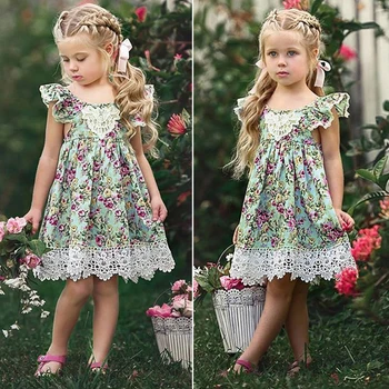 

Siskakia Child Girls Floral Dress Cute Flying Sleeve Lace Patchwork Dresses for Summer Muslim Big Girls Casual Clothing Kids