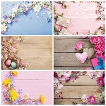 Фон для фотосъемки с изображением деревянных досок пола весны счастливых пасхальных цветов яиц ко Дню Святого Валентина для фотостудии