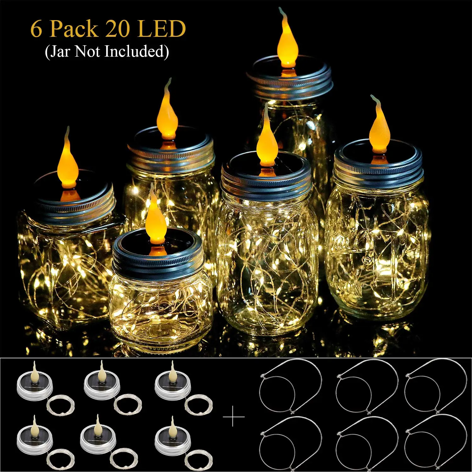 

6 Pack Solar Mason Jar Lights with Candle Flame Top-6 Handles Included, 20 Led String Fairy Firefly Lights Lids