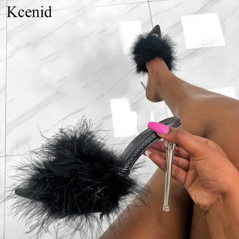 Новые сексуальные прозрачные черные меховые тапочки Kcenid из ПВХ с открытым носком