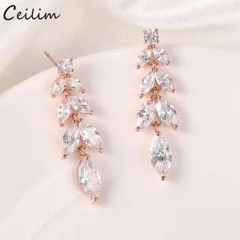 

Luxury Fashion Leaf Zircon Drop Earrings for Women Rose Gold Color Long Crystal Wedding Earrings Bridal Jewelry Gift brinco