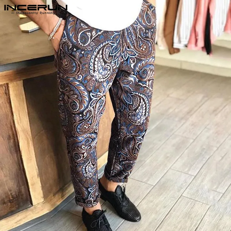 INCERUN Printed Men Casual Pants Joggers Elastic Waist Pockets Ethnic Vintage Trousers Men Fitness Streetwear Pantalon 3XL