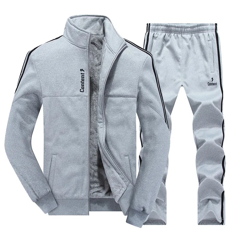 Серый New Winter Men's Sets Plus Velvet Men Sport Suits Sportswear Set Fitness Warm Tracksuit Zip Pocket Male's Casual Clothing - Цвет: Серый