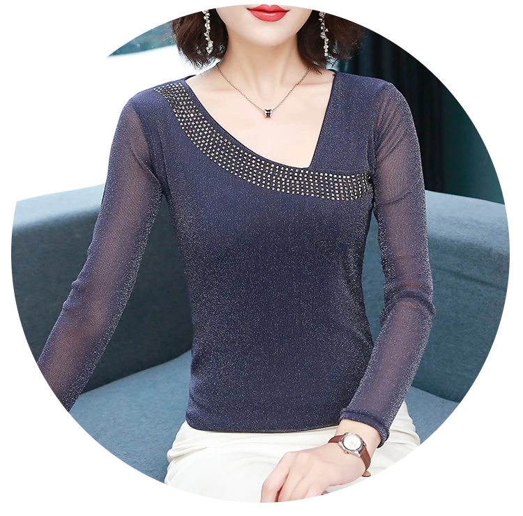 Женские топы и блузки blusas mujer de moda Мода модная кружевная сетчатая рубашка 4XL размера плюс женские рубашки с длинным рукавом 6909 50 - Цвет: Фиолетовый
