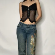 Retro Butterfly Print Denim Straight Leg Jeans high Waisted Grunge Vintage Cargo Trousers Harajuku Fashion Pants