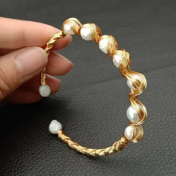

Freshwater White Pearl Handmade Gold Plated Bangle Bracelet