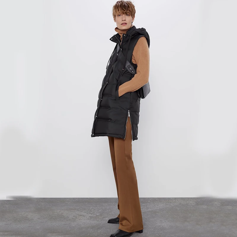 Kopen Ladyfirsy ZA Herfst Winter Mode Katoenen Vest Vrouwen Kraag Hooded Zipper Pocket Mouwloze Losse Dikke Warme Katoenen Vest Jas