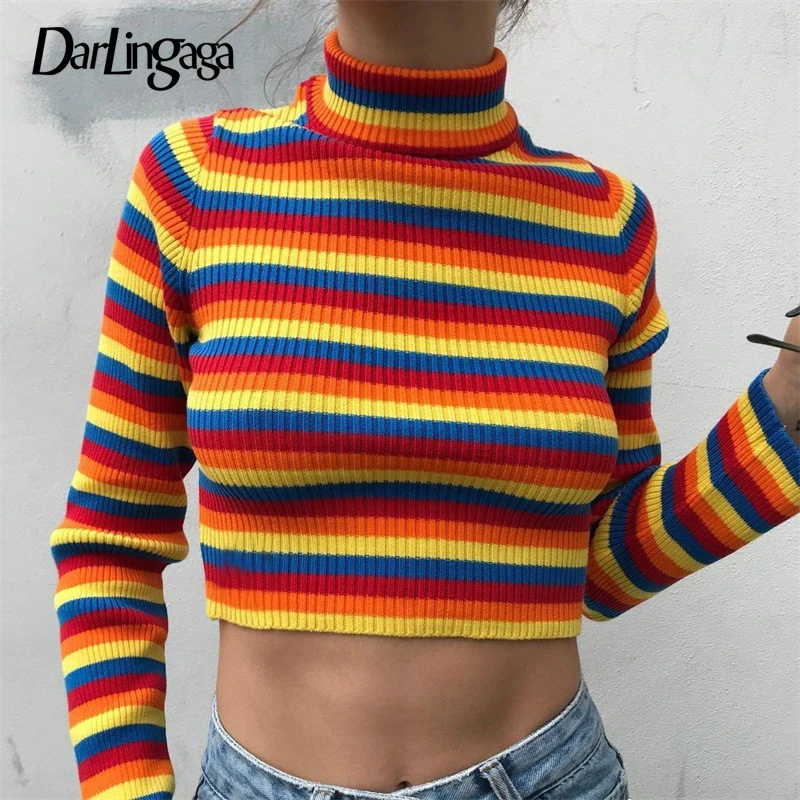 

Darlingaga Autumn Fashion Colorful Stripe Turtleneck Sweater Women Basic Cropped Tops Pullover Knitted Sweaters Jumper Pull Femm