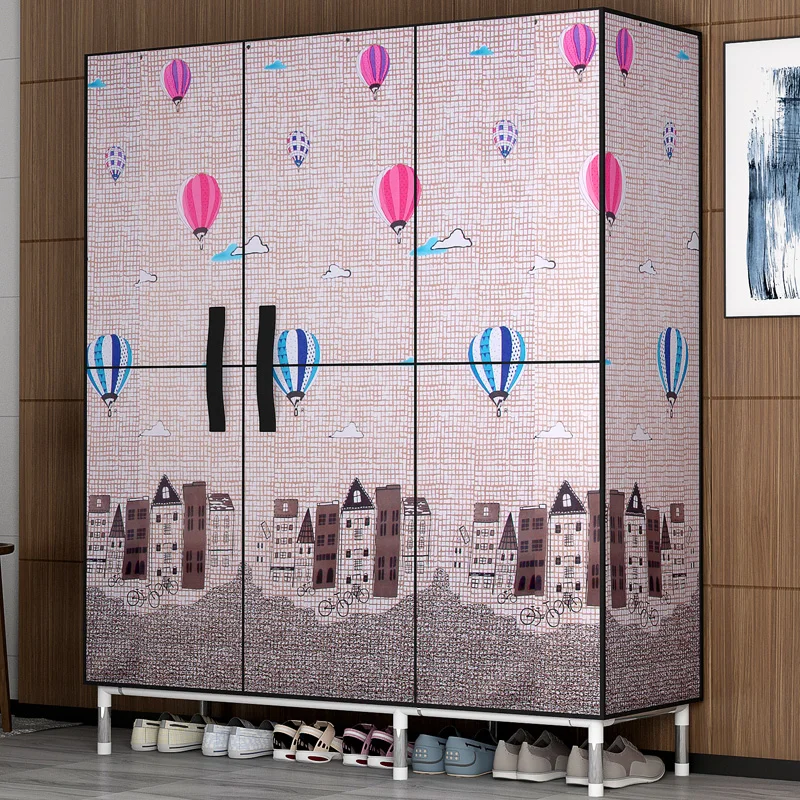 Тканевый шкаф, стальная труба, утолщенная, усиленная, полностью стальная рама, двойная семья, открытая дверь в сборе и подвеске - Цвет: see chart