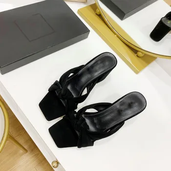 

High Quality Outdoor Slip on Dress Shoes Real Leather Slipper Elegant Square Toe High Heels Brand Designer Women Sandal Shoe