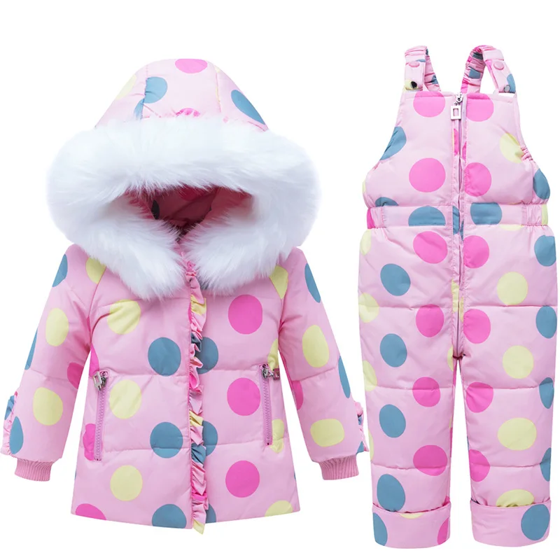 Детский зимний комбинезон в горошек, плотные теплые лыжные костюмы для маленьких девочек 2 предмета, пуховик с капюшоном+ комбинезон, детское зимнее пальто Z639 - Цвет: Розовый