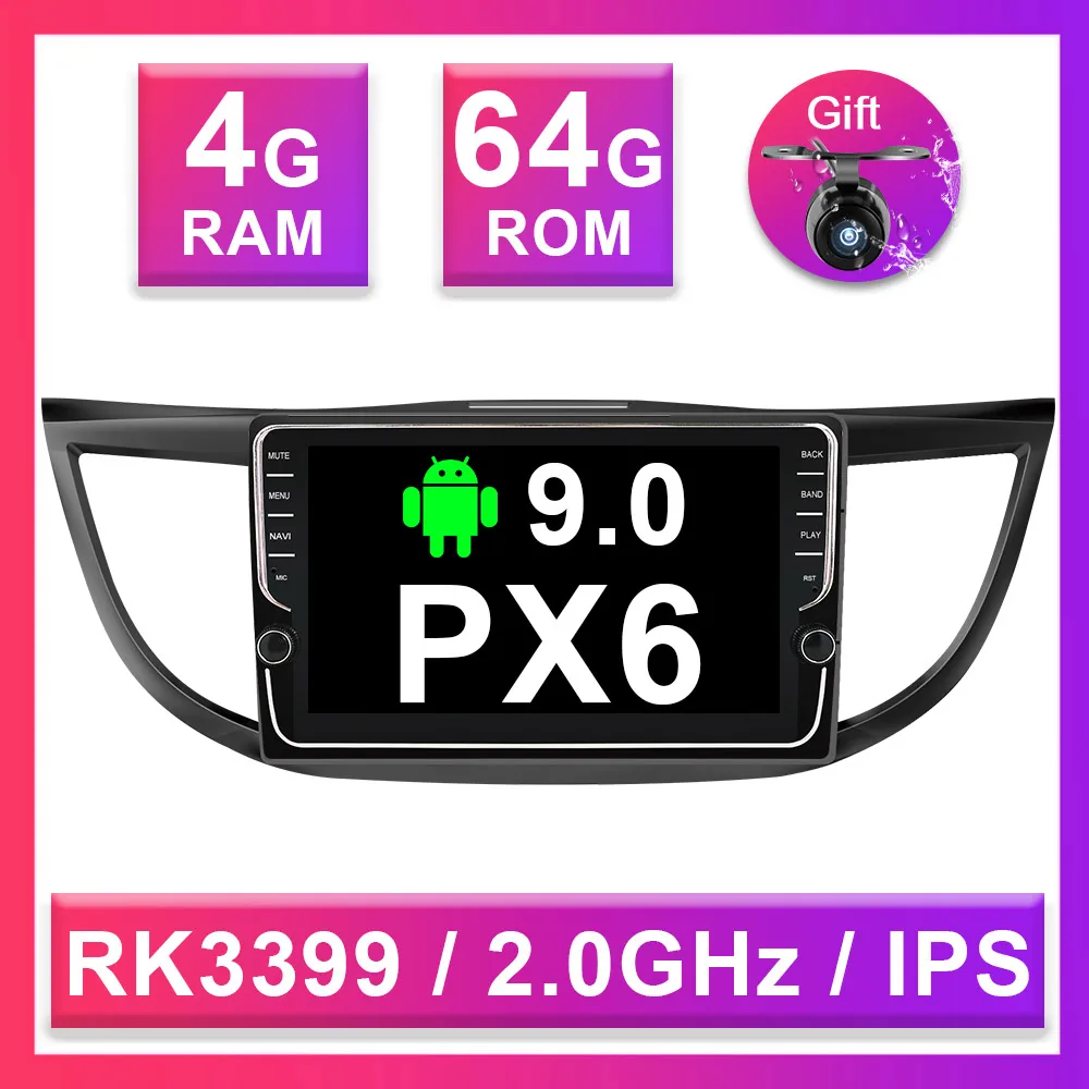 4G 64G PX6 Eunavi 2 din 4G+ 64G ips сенсорный экран Android 9 автомобильный Радио мультимедийный плеер для Honda CRV 2012- gps стерео без DVD 1024*600 HD - Цвет: 4G 64G PX6