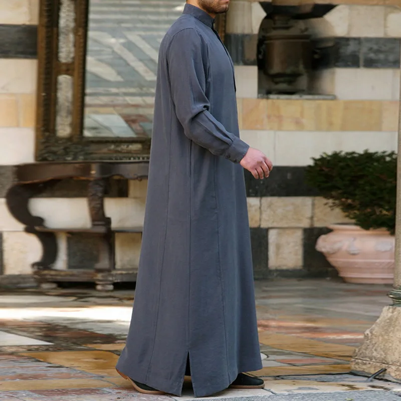 Adisputent Muslim Arabian Men Robes Solid Color Abaya Robe Islamic Male